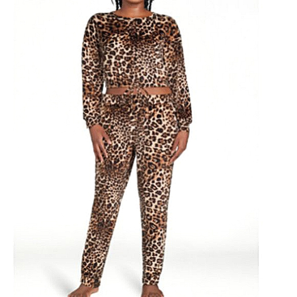 Women 3X NEW Leopard Print 2 Piece Lounge Set Crop Top Stretch Pants Track Boho